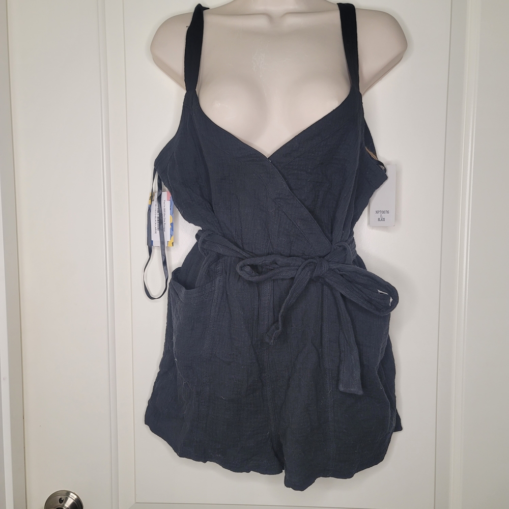 Black Lightweight Sleeveless Wrap Romper with Tie Waist